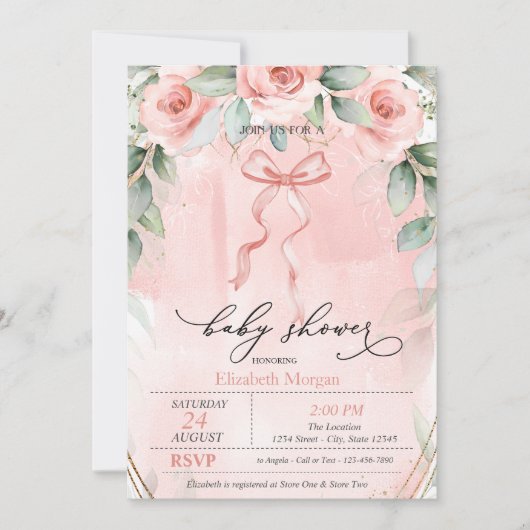 ピンクのバラが赤ちゃんシャワーを浴びる 招待状 (正面)