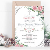 ピンクのバラでバプテスマとスペインの1歳の誕生日 招待状