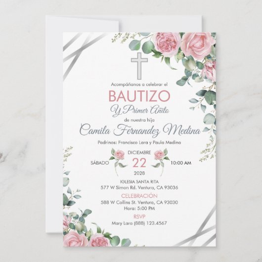 ピンクのバラでバプテスマとスペインの1歳の誕生日 招待状 (正面)