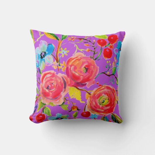 ピンクのバラとさくらんぼ紫カスタマイズ クッション (正面)