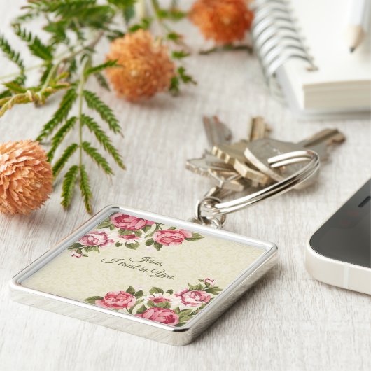 ピンクのバラとのあなたのイエス・キリストIの信頼 キーホルダー (側面)