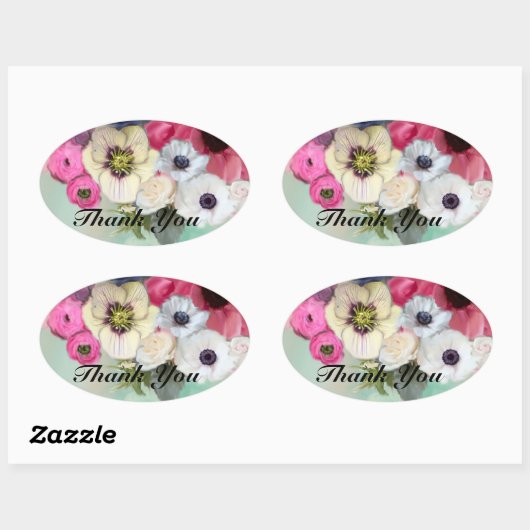 ピンクのバラとアネモネの花ありがとう 楕円形シール (シート)