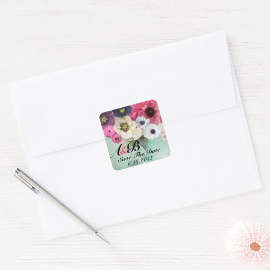 ピンクのバラとアネモネの花デートを保存 スクエアシール (封筒)