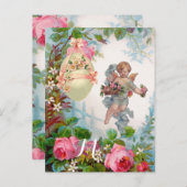 ピンクのバラとイースターエッグを集めるロマンチックな天使 シーズンポストカード (正面/裏面)