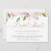 ピンクのバラとエレガントなゴールドの筆記体 | ブライダルシャワー 招待状 (正面)