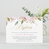 ピンクのバラとエレガントなゴールドの筆記体 | 洗礼 招待状 (スタンド正面)