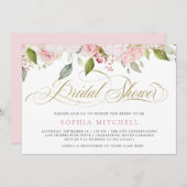 ピンクのバラとエレガント金ゴールドスクリプト |ブライダルシャワー 招待状 (正面/裏面)