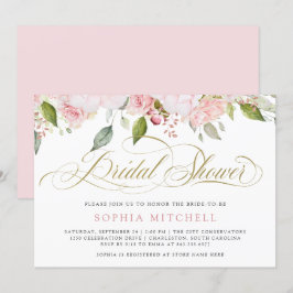 ピンクのバラとエレガント金ゴールドスクリプト |ブライダルシャワー 招待状