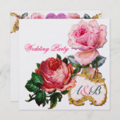 ピンクのバラとキューピッドのレースハート結婚ズモノグラム 招待状 (正面/裏面)