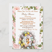 ピンクのバラとグリーンのイースターエッグの巣と子鳥の花のデザイン 招待状 (正面)