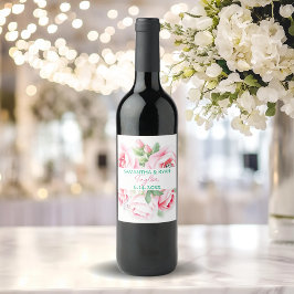 ピンクのバラとグリーンの葉の結婚式の日付 ワインラベル
