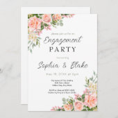 ピンクのバラとグリーン | ホワイトエンゲージメントパーティー 招待状 (正面/裏面)