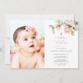 ピンクのバラとグリーン 写真 洗礼 招待状 (正面)