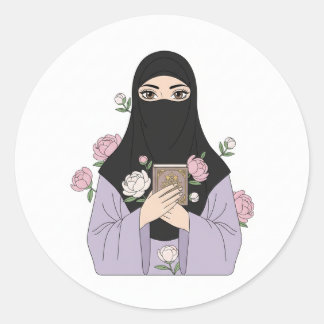 ピンクのバラとコーランを持つ優雅なニカビの女性 - I ラウンドシール