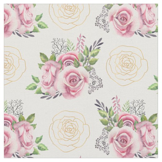 ピンクのバラとゴールドの花 水彩画 ファブリック (クローズアップ)