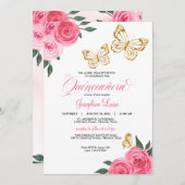 ピンクのバラとゴールドの蝶のキンセアニエラ誕生日 招待状 (正面/裏面)