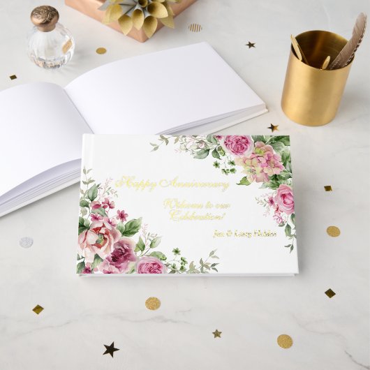 ピンクのバラとゴールドフォイル記念日 ゲストブック (正面見開き)