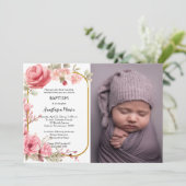 ピンクのバラとゴールドフレームの正教会洗礼 招待状 (スタンド正面)