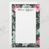 ピンクのバラとサクタスの模様（黒） 便箋 (正面/裏面)