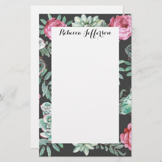 ピンクのバラとサクタスの模様（黒） 便箋 (正面/裏面)