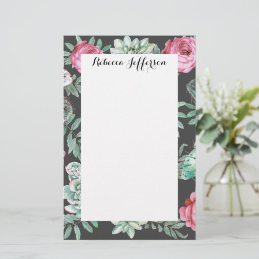 ピンクのバラとサクタスの模様（黒） 便箋 (スタンド正面)