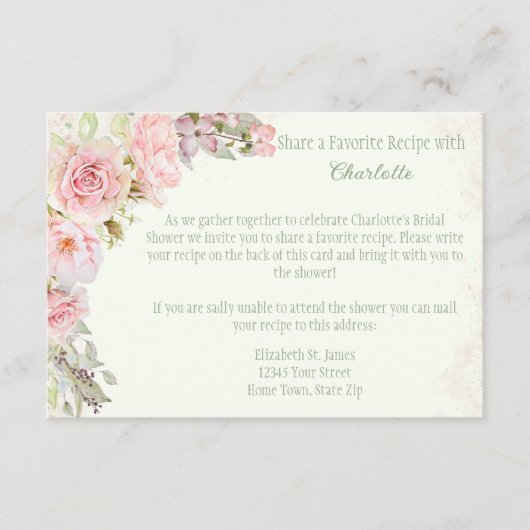 ピンクのバラとサテン グリーンのウェディング シャワー レシピ エンクロージャーカード (正面)