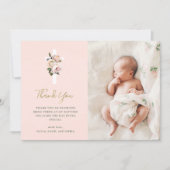 ピンクのバラとシダと写真 |金ゴールド洗礼 サンキューカード (正面)