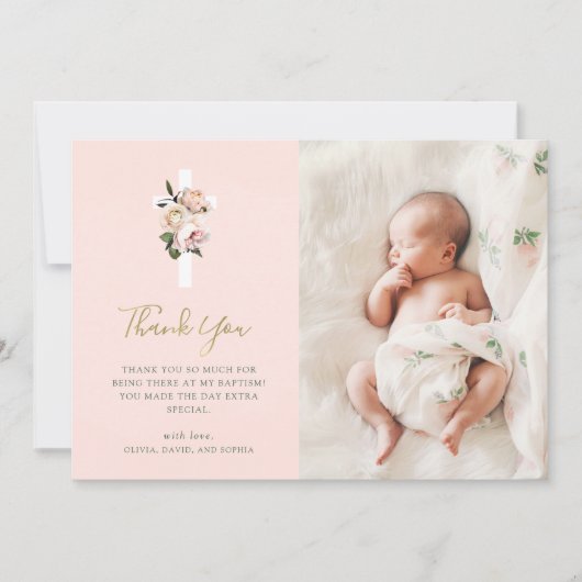 ピンクのバラとシダと写真 |金ゴールド洗礼 サンキューカード (正面)