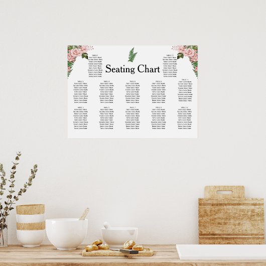 ピンクのバラとシダの結婚式のレセプションシート ポスター (キッチン)