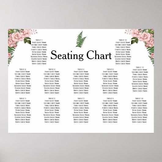 ピンクのバラとシダの結婚式のレセプションシート ポスター (正面)