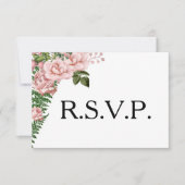 ピンクのバラとシダの結婚式RSVP 出欠カード (正面)