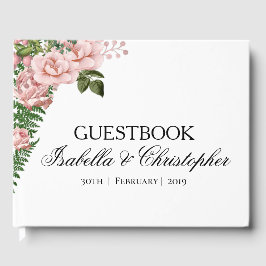 ピンクのバラとシダ結婚ズのゲストブック ゲストブック