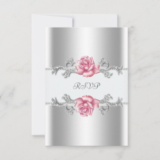 ピンクのバラとシルバーで25回目の結婚記念日のRSVP 出欠カード (正面)