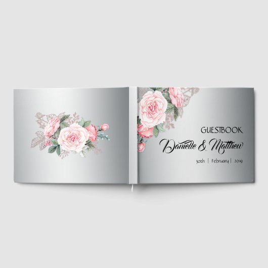 ピンクのバラとシルバーの結婚ゲストブック ゲストブック (全面)