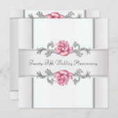 ピンクのバラとシルバーの25周年結婚記念日 招待状 (正面/裏面)