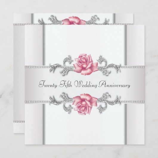 ピンクのバラとシルバーの25周年結婚記念日 招待状 (正面/裏面)