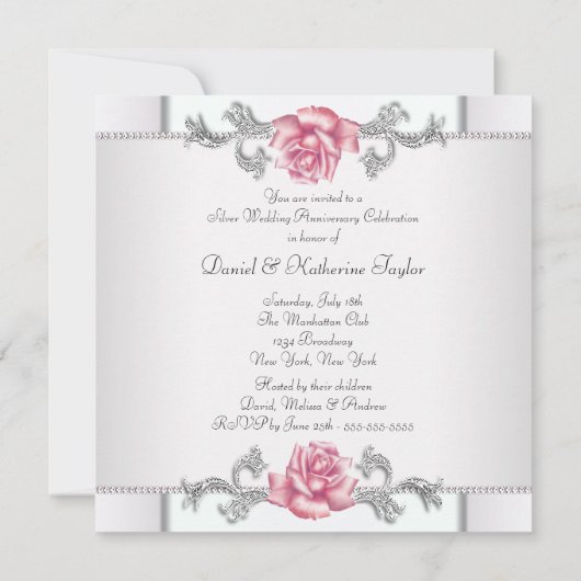 ピンクのバラとシルバーの25周年結婚記念日 招待状 (裏面)