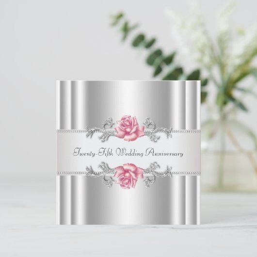 ピンクのバラとシルバーの25周年結婚記念日 招待状 (スタンド正面)