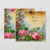 ピンクのバラとジャスミンのパーチメント紙 ピンク 緑 招待状 (正面/裏面)
