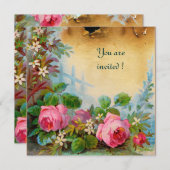 ピンクのバラとジャスミン パーチメントピンク 緑 招待状 (正面/裏面)