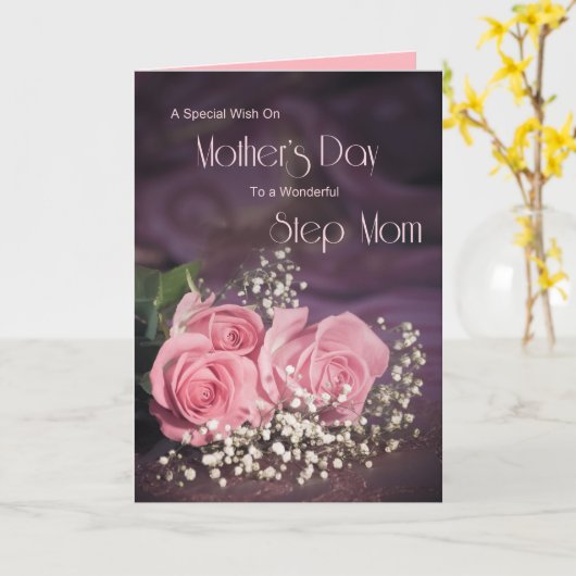 ピンクのバラとステップママのための母のデイカード カード (黄色い花)