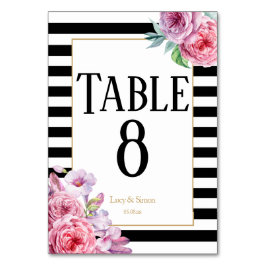 ピンクのバラとストライプのウェディングテーブルナンバー テーブルナンバー