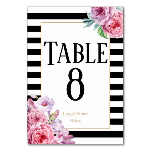 ピンクのバラとストライプのウェディングテーブルナンバー テーブルナンバー (正面)