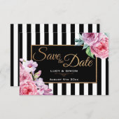 ピンクのバラとストライプは日付カードを保存 セーブザデート (正面/裏面)