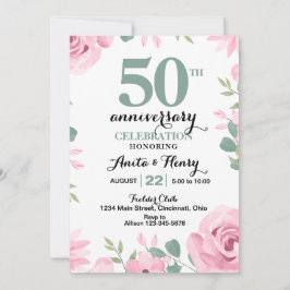 ピンクのバラとセージグリーンのテキストでアニバーサリー 招待状
