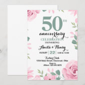 ピンクのバラとセージグリーンのテキストでアニバーサリー 招待状 (正面/裏面)