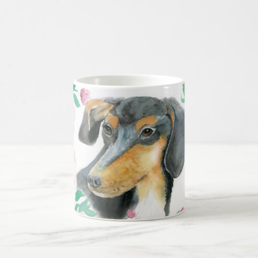 ピンクのバラとダックスシュントの水色の愛 コーヒーマグカップ (中央)