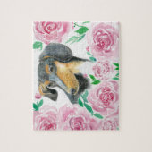 ピンクのバラとダックスシュントの水色の愛 ジグソーパズル (縦)