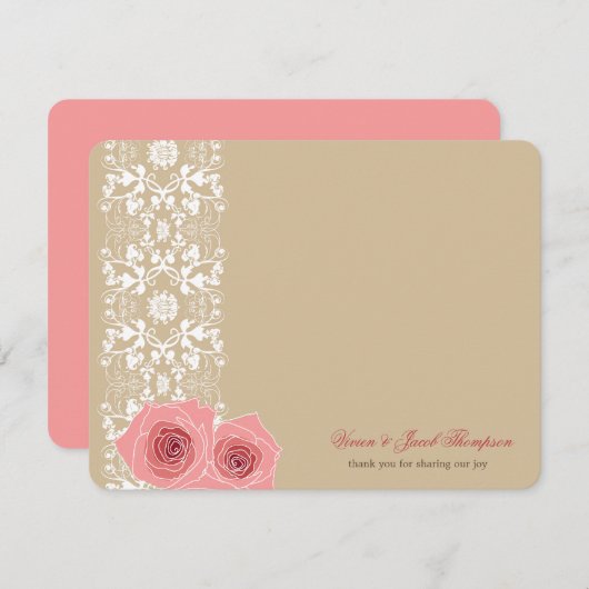 ピンクのバラとダマスクレースロマンチック結婚シック サンキューカード (正面/裏面)