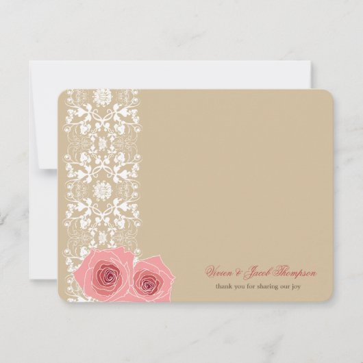 ピンクのバラとダマスクレースロマンチック結婚シック サンキューカード (正面)